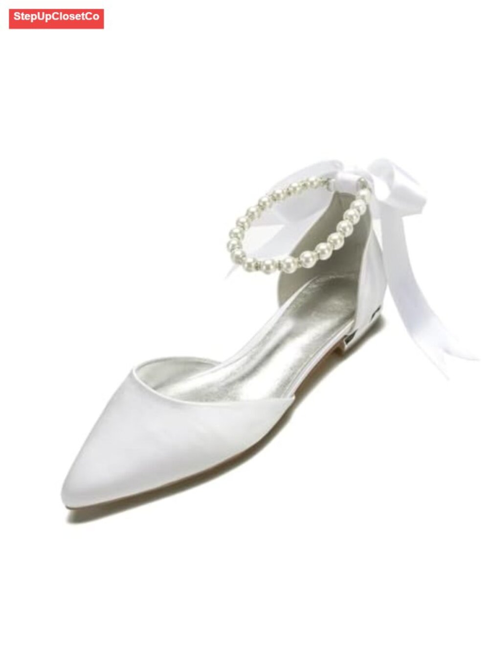 Satin Pearls Pointed Toe Flats Wedding Dress Shoes for Bride